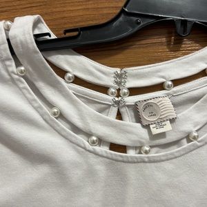 9-N15 S’CL Anthropologie T-shirt Size large Pearl Beading Cotton/Modal White